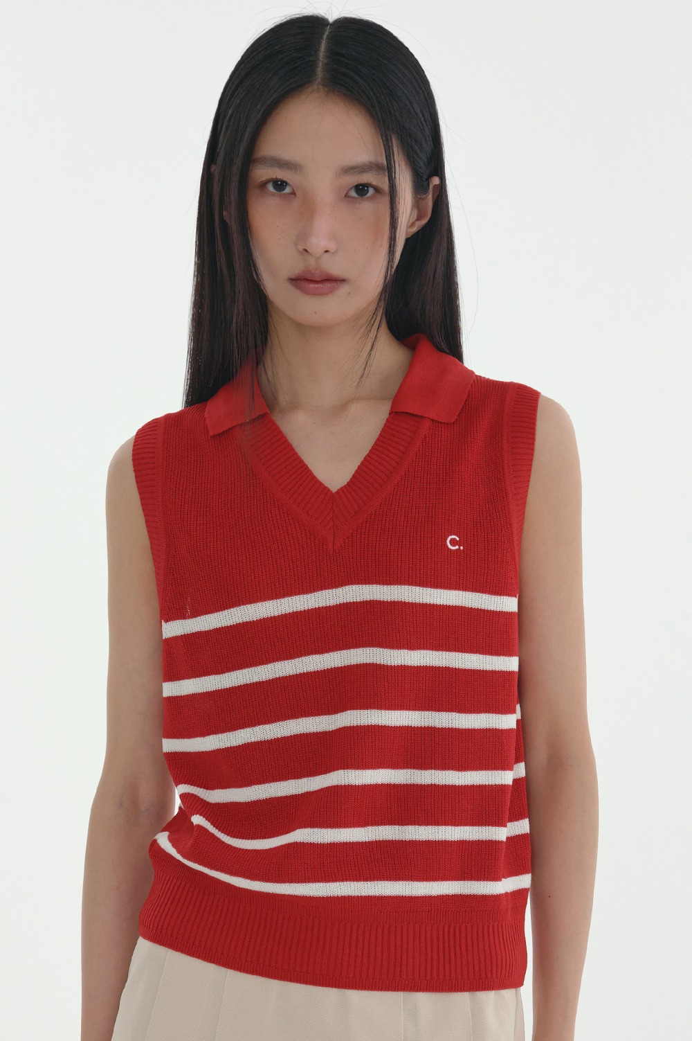 clove - [24SS clove] Collared Stripe Sleeveless Knit (Red)